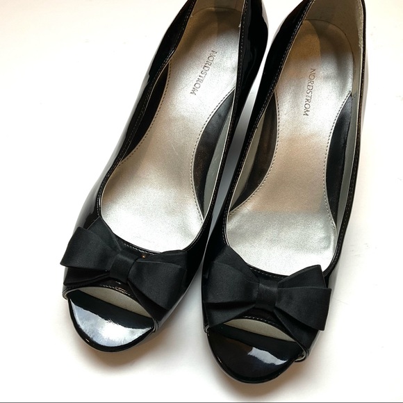 Nordstrom Patent Peep Toe Bow Wedges Heels - Picture 5 of 13